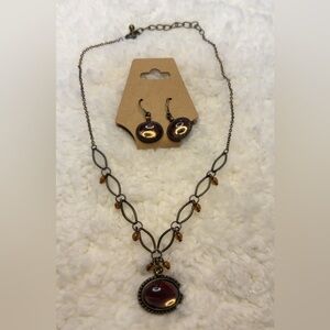 Vintage Style Brown Glass Pendant Necklace & Matching Earrings Set